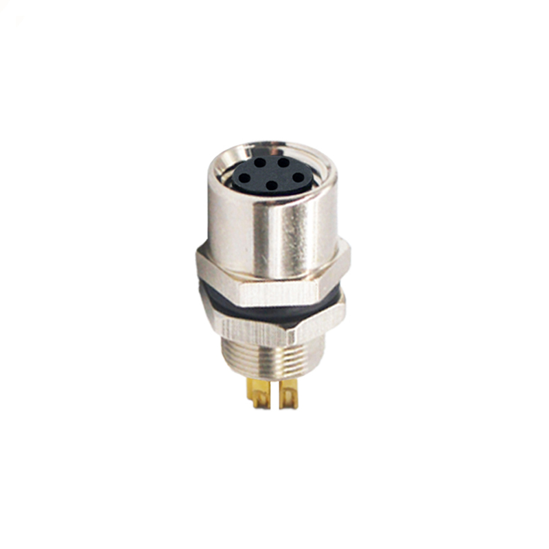 M8 5pins B code female straight rear panel mount connector,unshielded,solder,brass with nickel plated shell